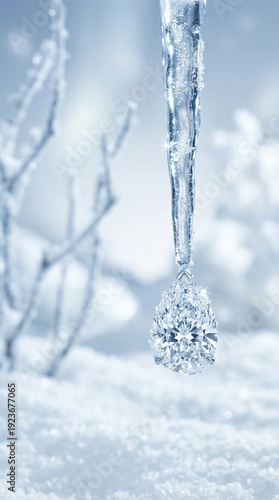 Macro icicle with frozen droplet above fresh snow, winter morning chill and sparkling bokeh, seasonal nature texture for Christmas and cold weather backgrounds
