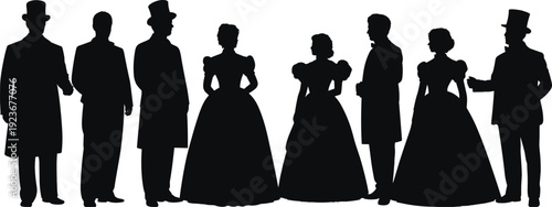 Victorian era people silhouettes, elegant men and women in vintage historical fashion illustration isolated collection set