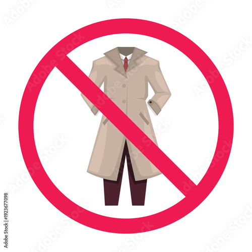No coat sign, forbidden sign with  trench coat icon, prohibited clothing symbol, vector illustration