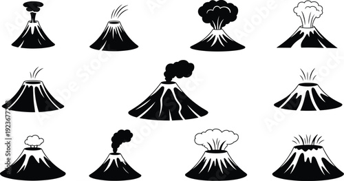 Volcano eruption silhouettes set, active and dormant volcanic mountains with lava and smoke illustration isolated on white background