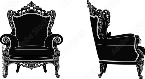 Vintage baroque armchair silhouette, ornate royal furniture design with carved details illustration isolated on white background