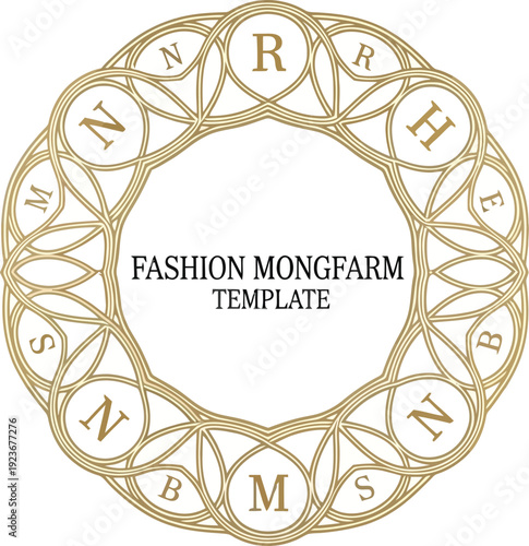 A gold circular fashion template with a white background and black text