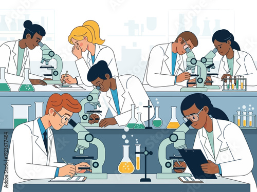 Diverse group of scientists working in a modern laboratory setting.