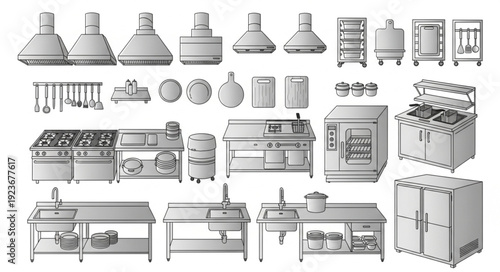 Commercial kitchen equipment assortment, stainless steel appliances, restaurant cooking tools, culinary workspace.