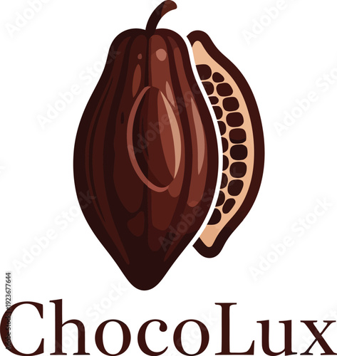 A luxurious chocolate brand logo featuring a cocoa pod and beans