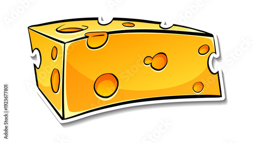 Stylized Yellow Cheese Block Illustration with Holes Isolated on White Background