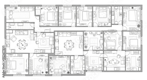 Detailed architectural blueprint of a multi-room residential building layout.