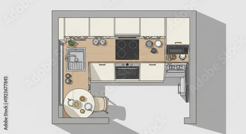 Modern kitchen design with appliances and dining area, top view.