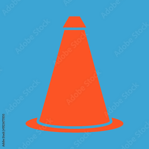 An orange traffic cone with a blue background.