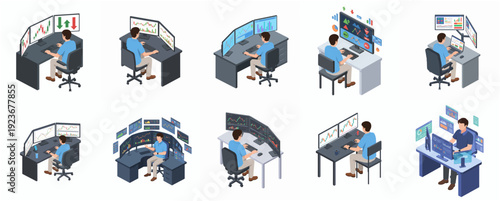Isometric Detailed Trader Trading Stock Market on Computer Display Illustration Set