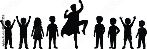Children silhouettes with superhero kid jumping showing imagination confidence empowerment childhood fantasy play creativity leadership inspiration concept illustration education growth courage fun
