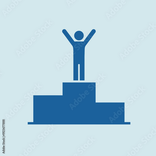 Silhouette of a person standing on a winner's podium with arms raised.