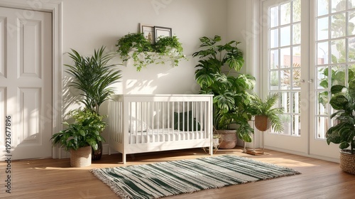 Bright nursery interior featuring crib surrounded by lush green plants