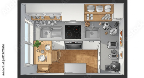Modern kitchen design with wooden floor and various appliances, top view.