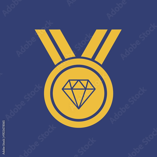 Illustration of a gold medal with a diamond symbol on a dark blue background.
