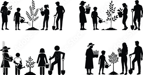 Family gardening silhouettes showing parents children planting watering trees, eco friendly lifestyle, environmental education, teamwork, nature care concept, isolated black figures illustration