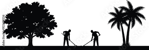 Farm workers silhouettes digging soil between trees, agriculture labor scene, rural farming activity, teamwork concept, countryside landscape illustration isolated on white background