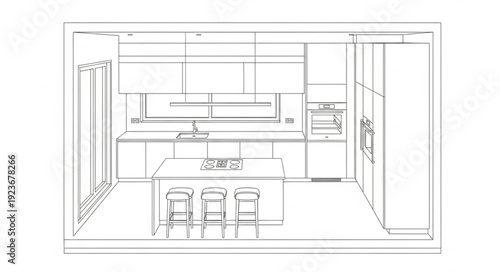 Modern kitchen design with island and bar stools, minimalist interior sketch.