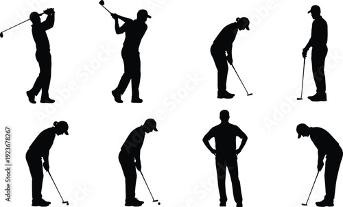 Golf player silhouettes set golfer swinging putting sport game athlete isolated vector illustration collection golf activity