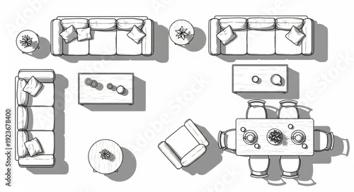 Top-down view of furniture arrangement in a modern living space, including sofas, tables, and chairs.