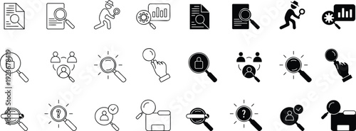 Magnifying Glass Search Icon Set, Outline and Solid Vector Symbols for Analysis, Research and Inspection