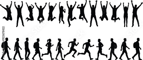 Human activity silhouettes showing people jumping, walking, running, carrying backpacks, active lifestyle progression, teamwork, motion, fitness, daily life concepts isolated on white background
