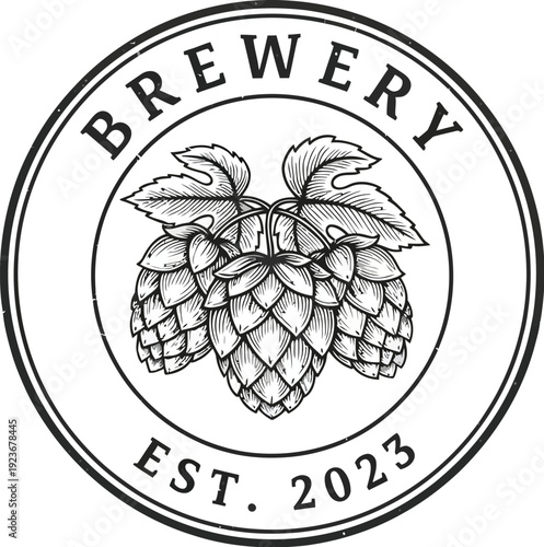 A black and white logo of a brewery with hops and establishment year