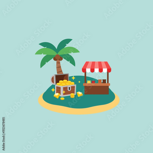 Cartoon island scene with treasure chest and market stall under a palm tree