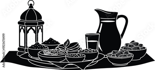 Traditional arabic ramadan iftar table setting with lantern