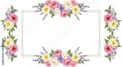 A beautiful floral frame with pink roses and purple flowers on a white background