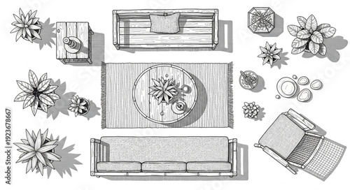 Top-down view of a living room with furniture and plants, creating a cozy atmosphere.