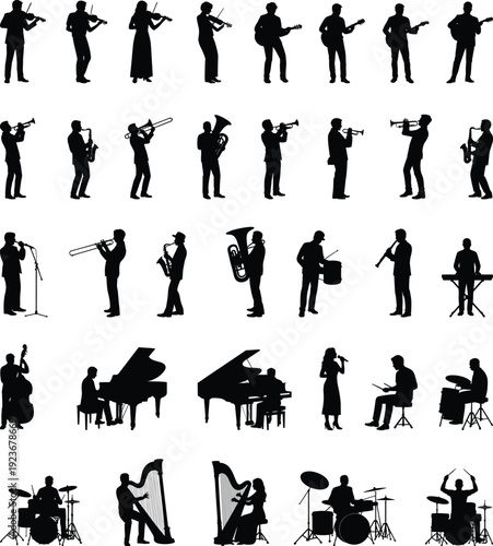 Musicians silhouette collection showing orchestra band instruments, violin guitar piano drums trumpet performers, live music concert, isolated black figures icons set illustration