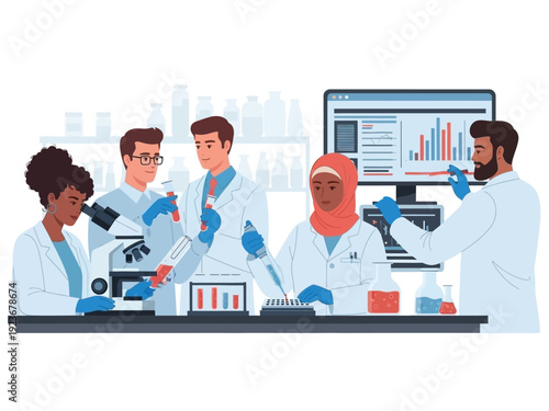 Diverse group of scientists working together in a modern laboratory setting.