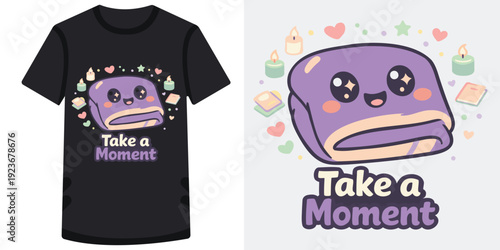Cute kawaii sandwich character with big eyes and happy expression on casual tshirt design for relaxation and selfcare inspiration