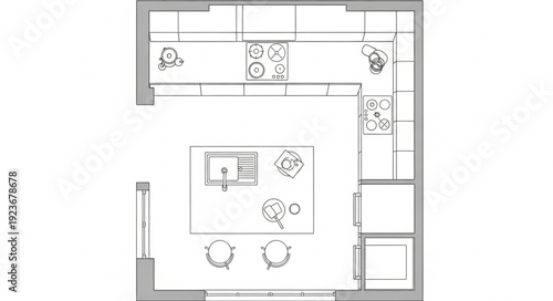Kitchen layout design with island and appliances, a modern architectural plan.