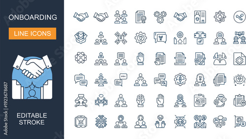 Employee onboarding line icons set with recruitment training teamwork human resources editable stroke vector illustration collection