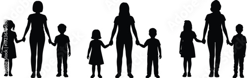 Mother holding children silhouettes showing family bonding love care parenting motherhood childhood togetherness, isolated black figures on white background concept illustration icons