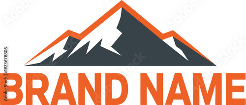 A logo featuring a mountain range with a brand name in orange text