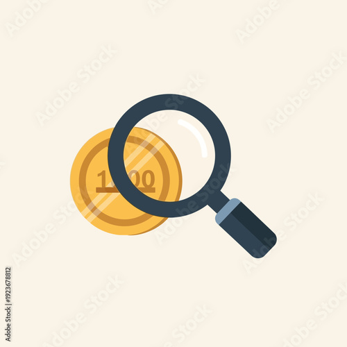 Magnifying glass examining a gold coin with the number 100 on it.