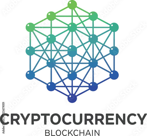 A cryptocurrency logo with a blockchain network on a white background