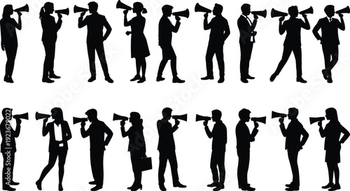 Set of male and female business people silhouettes shouting through megaphones making loud public announcements marketing promotions and protest demonstrations on white background