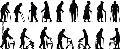 Senior mobility silhouettes showing elderly men and women using canes walkers rollators, aging healthcare support, rehabilitation stages, isolated black figures, concept icons