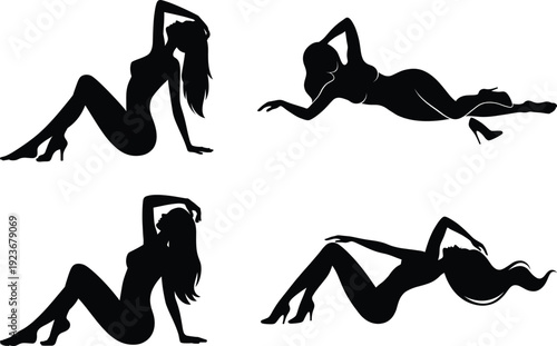 Sexy woman silhouettes posing reclining showing feminine curves glamour fashion confidence beauty sensual art illustration isolated black female figures set