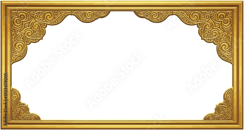 A luxurious gold picture frame with intricate designs on a white background