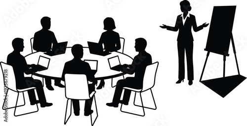 Silhouette illustration of a female leader giving a corporate business presentation to a professional team sitting around a round conference table with laptops