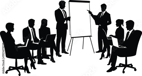 Silhouette vector illustration of a corporate business team meeting with two men presenting on a whiteboard while colleagues sit with laptops and listen