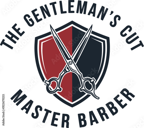 A logo for a barber shop with scissors and a shield on a white background