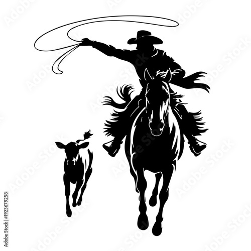 Dynamic Silhouette of Cowboy Lassoing Calf During High Speed Western Cattle Roundup Chase Action Scene Vector