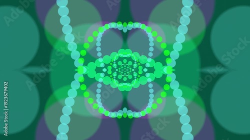 Vibrant green and blue abstract pattern with symmetrical shapes and beads on a dark background