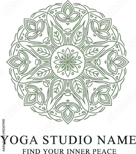 A serene yoga studio logo with a peaceful green mandala design and text